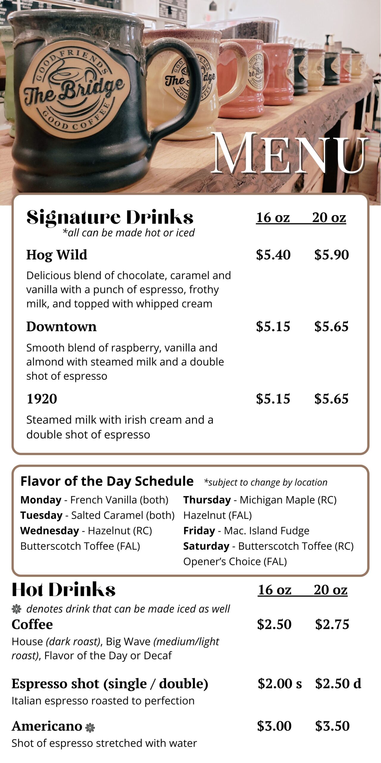 coffee near me, coffee in Reed City, coffee in Falmouth, coffee menu, coffee, The Bridge