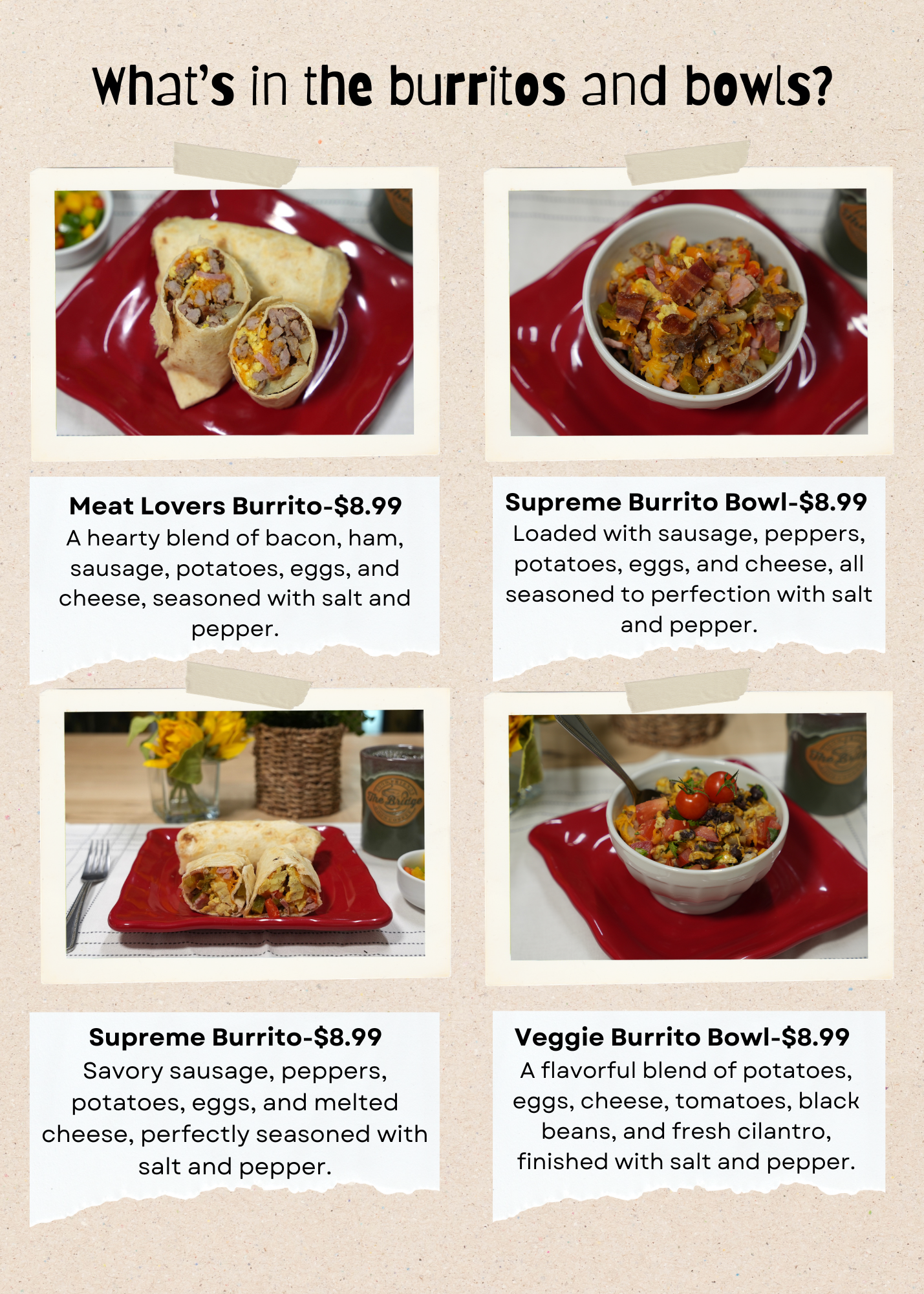 breakfast near me, coffee near me, burrito, burrito bowl, the bridge, reed city, ebels